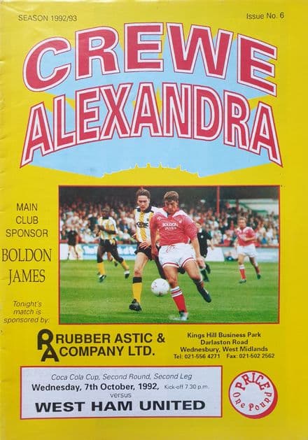 Crewe v West Ham, League Cup (1992, Oct 7th)