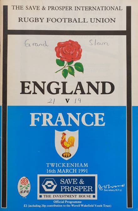 England v France (1991, Mar 16th) SIGNED