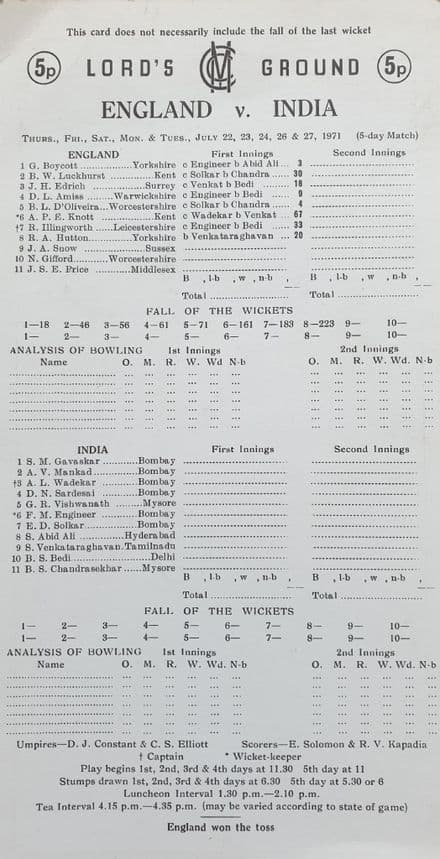 England v India Scorecard (1971, Jul 22nd-27th)