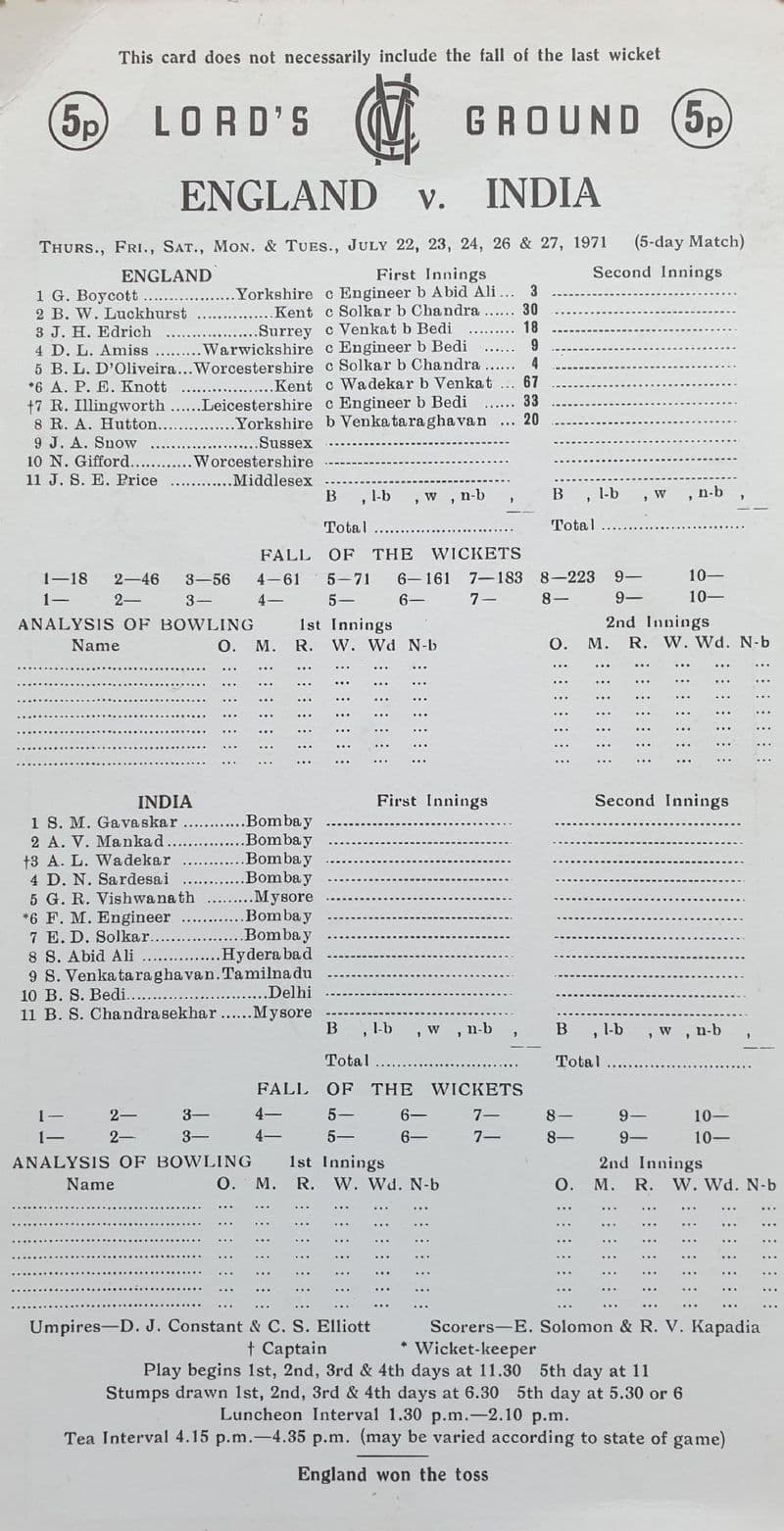 England v India Scorecard (1971, Jul 22nd-27th)