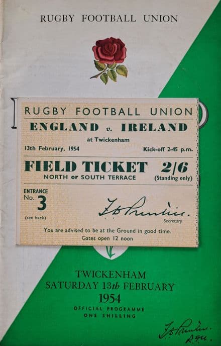 England v Ireland (1954, Feb 13th) plus Ticket