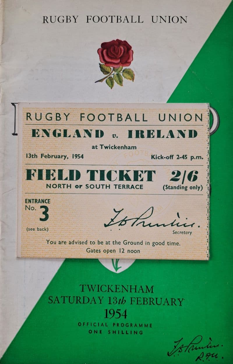 England v Ireland (1954, Feb 13th) plus Ticket
