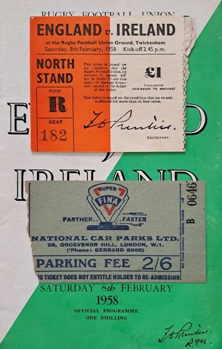England v Ireland (1958, Feb 8th) plus Ticket