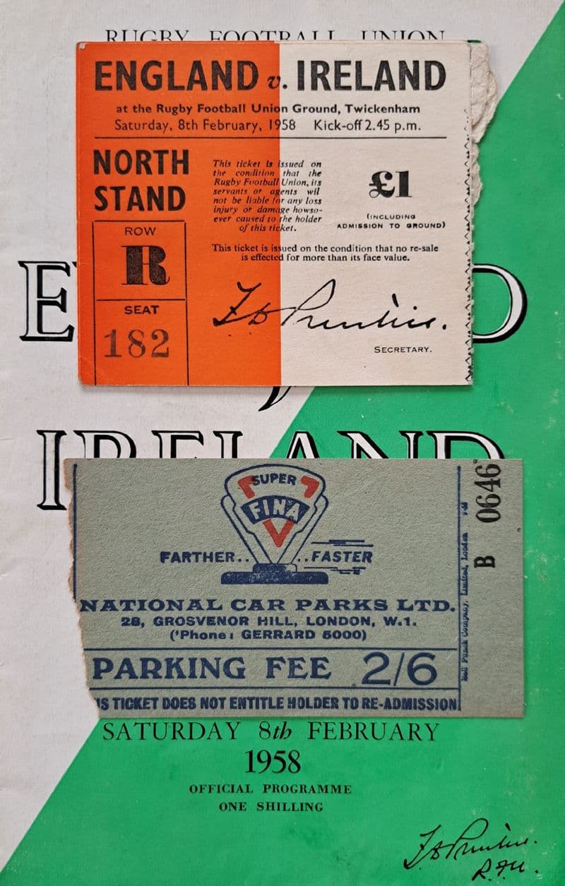 England v Ireland (1958, Feb 8th) plus Ticket