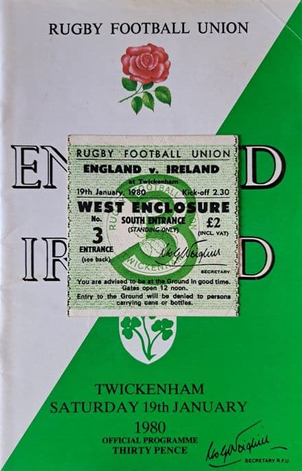 England v Ireland (1980, Jan 19th) plus Ticket