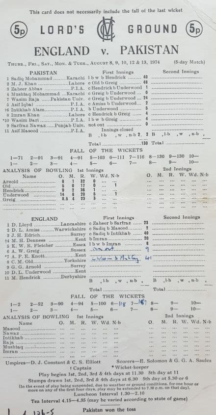 England v Pakistan Scorecard (1974, Aug 8th-13th)
