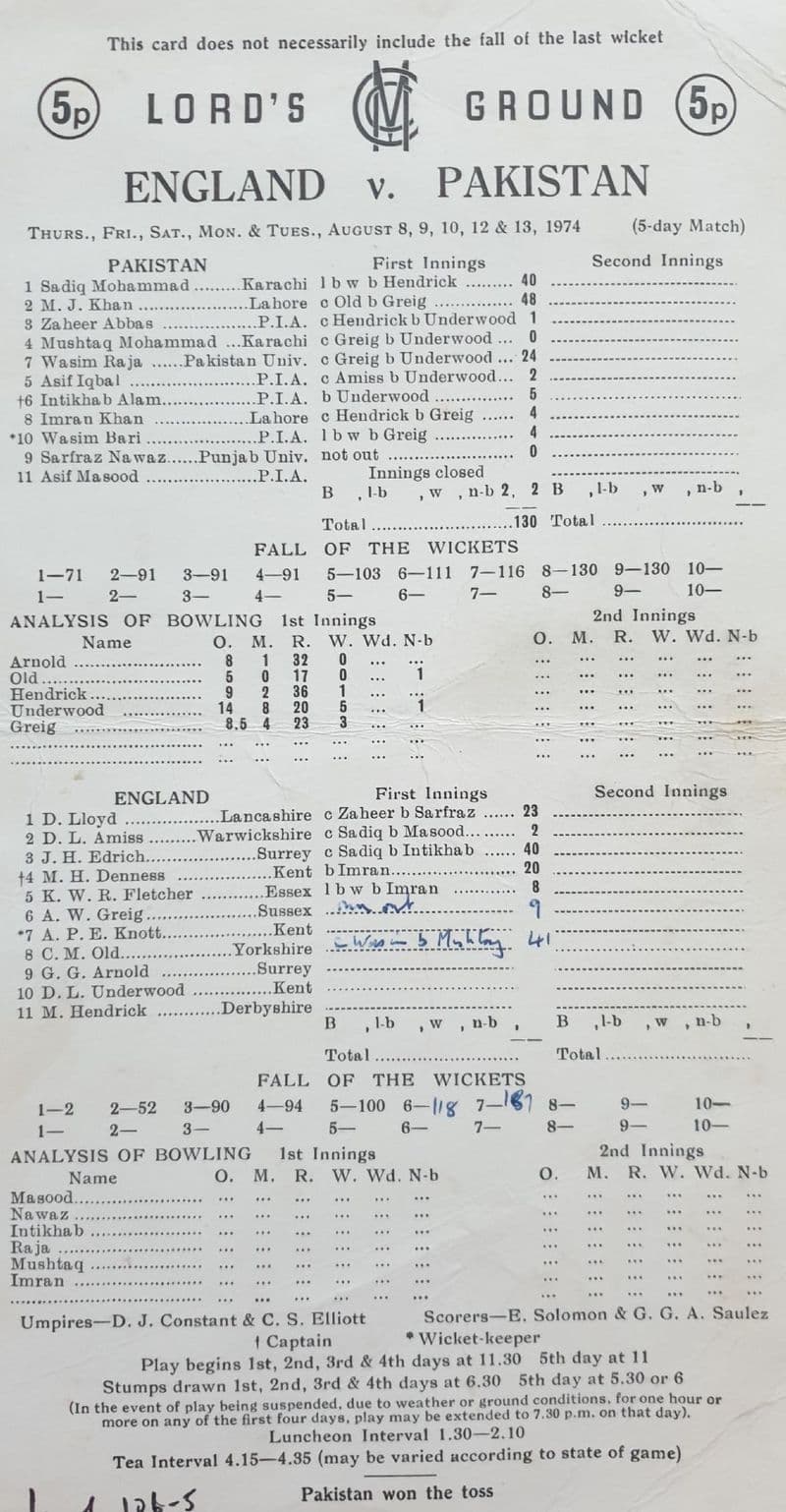 England v Pakistan Scorecard (1974, Aug 8th-13th)