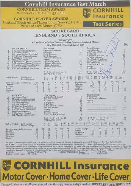 England v South Africa Scorecard (1994, Aug 18th-22nd) SIGNED
