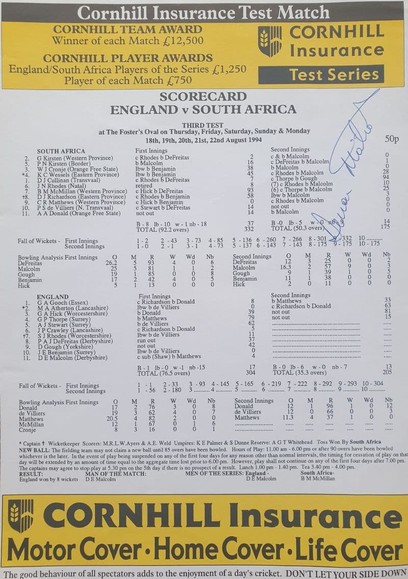 England v South Africa Scorecard (1994, Aug 18th-22nd) SIGNED