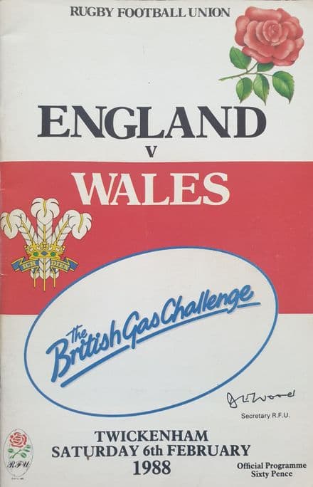 England v Wales (1988, 6th February) plus Ticket