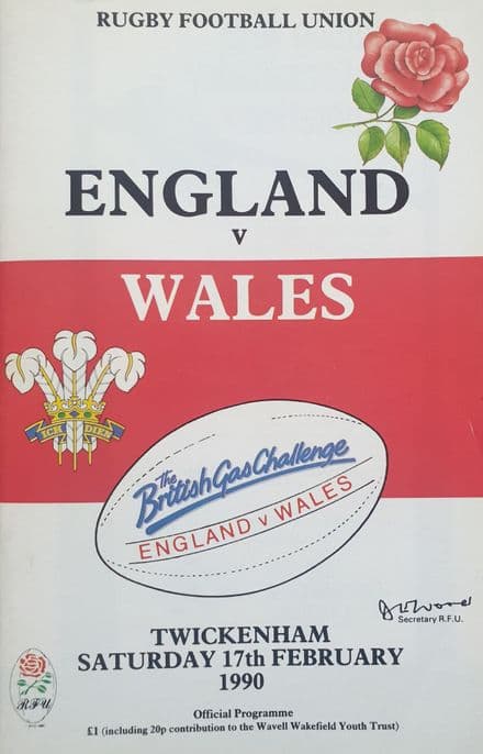 England v Wales (1990, 17th February) plus Ticket