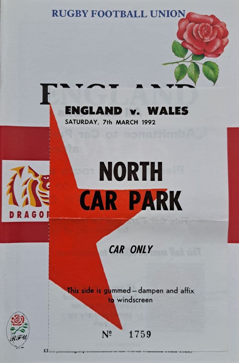 England v Wales (1992, 7th March) plus Car Park Pass