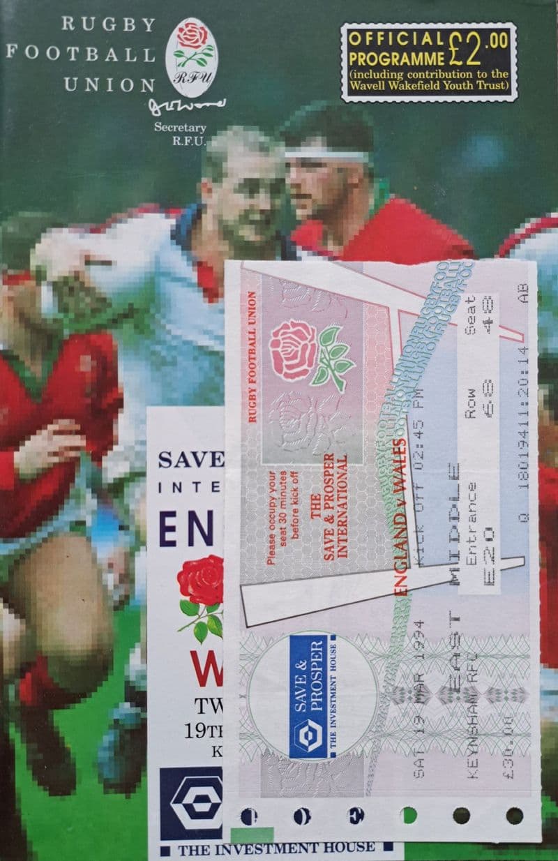 England v Wales (1994, 19th March) plus Ticket