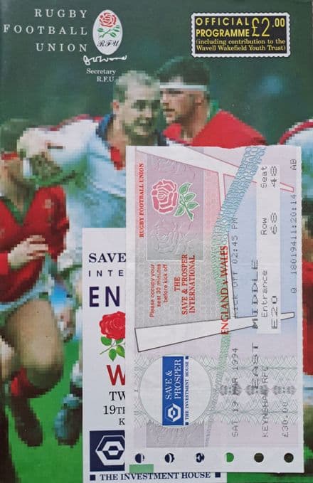 England v Wales (1994, 19th March) plus Ticket