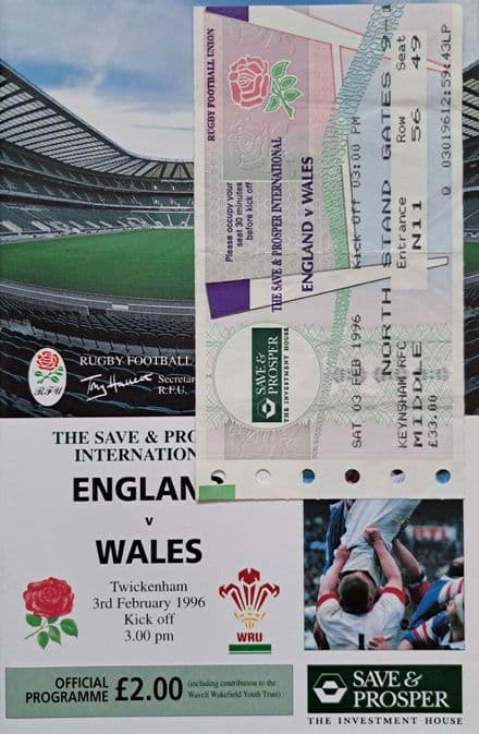 England v Wales (1996, 3rd February) plus Ticket