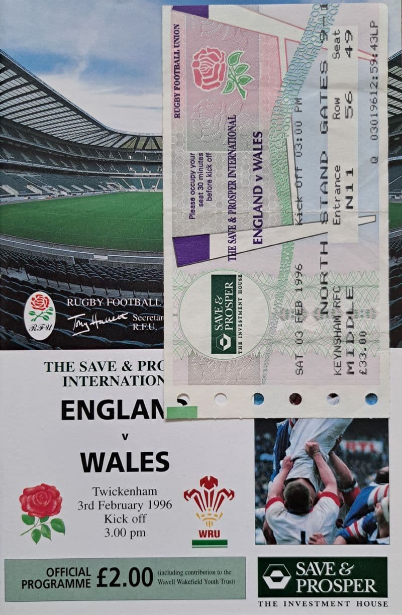 England v Wales (1996, 3rd February) plus Ticket
