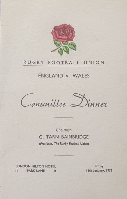 England v Wales Dinner Menu (1976, Jan 16th)