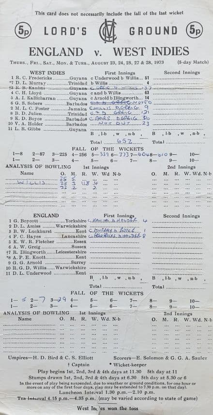 England v West Indies Scorecard (1973, Aug 23rd-28th)