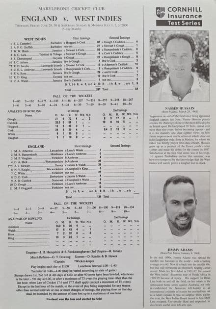 England v West Indies Scorecard (2000, Jun & Jul) Day 3