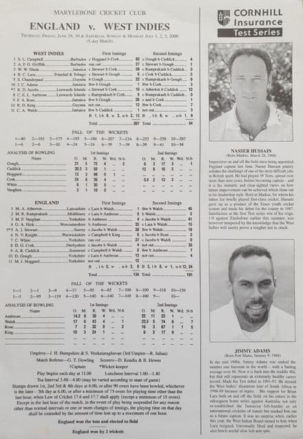 England v West Indies Scorecard (2000, Jun & Jul) Final