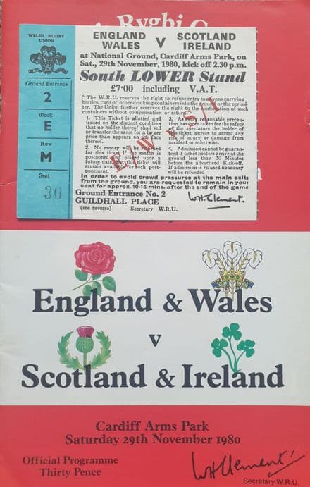 England & Wales v Scotland & Ireland (1980, Nov 29th) plus Ticket