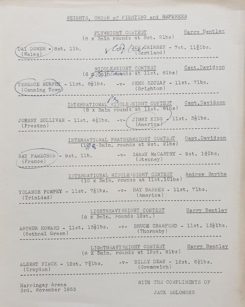 Fight Listing Haringay Arena (1953, Nov 3rd)
