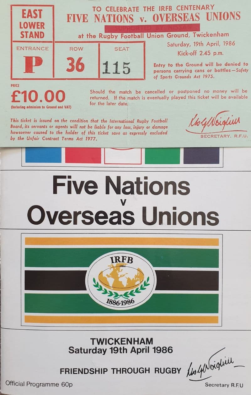 Five Nations v Overseas Unions (1986, Apr 19th) plus Ticket