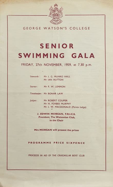 George Watson's College Senior Swimming Gala (1959, Nov 27th)