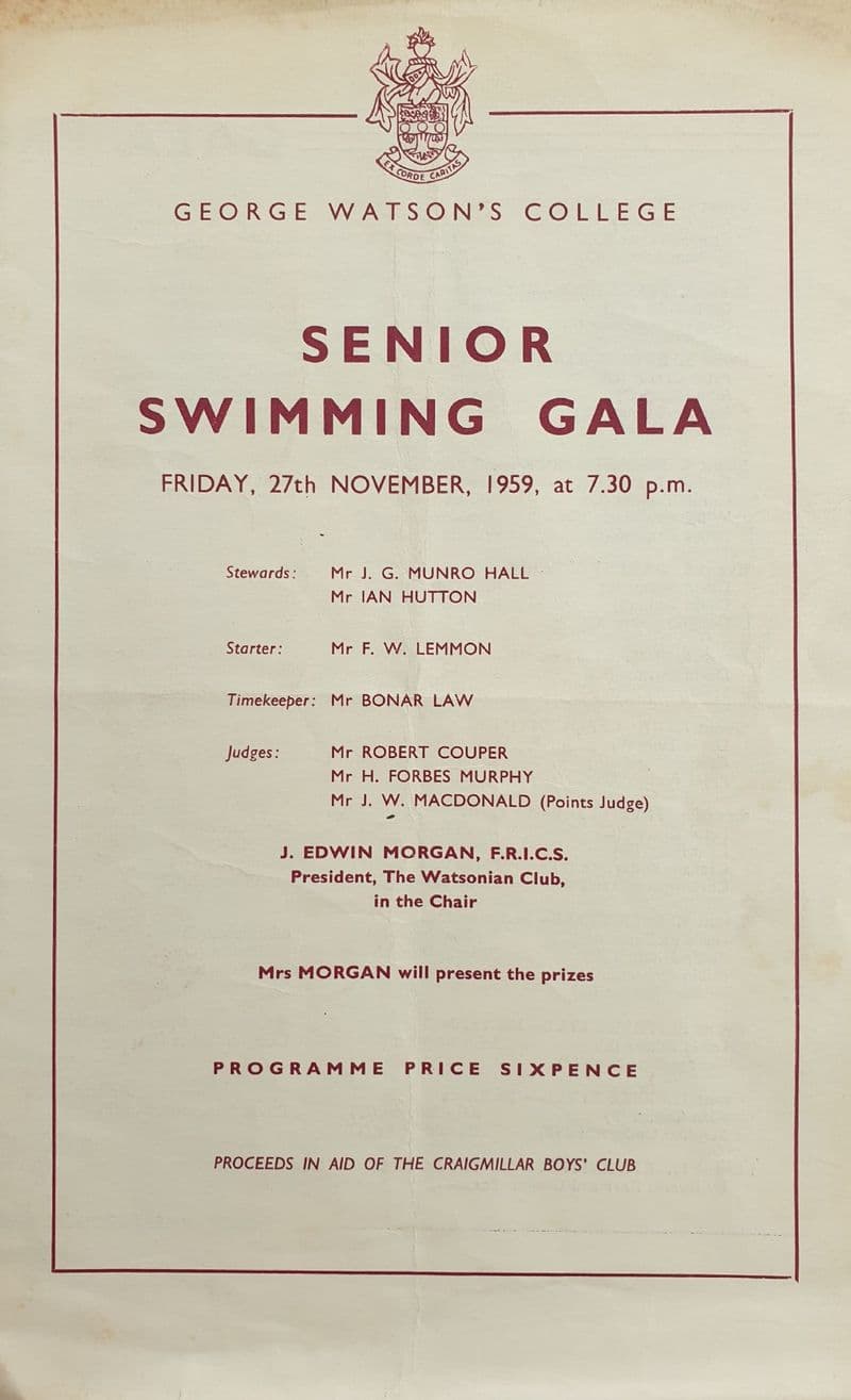 George Watson's College Senior Swimming Gala (1959, Nov 27th)