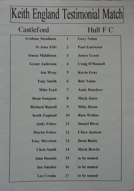 Keith England Testimonial - Team Sheet