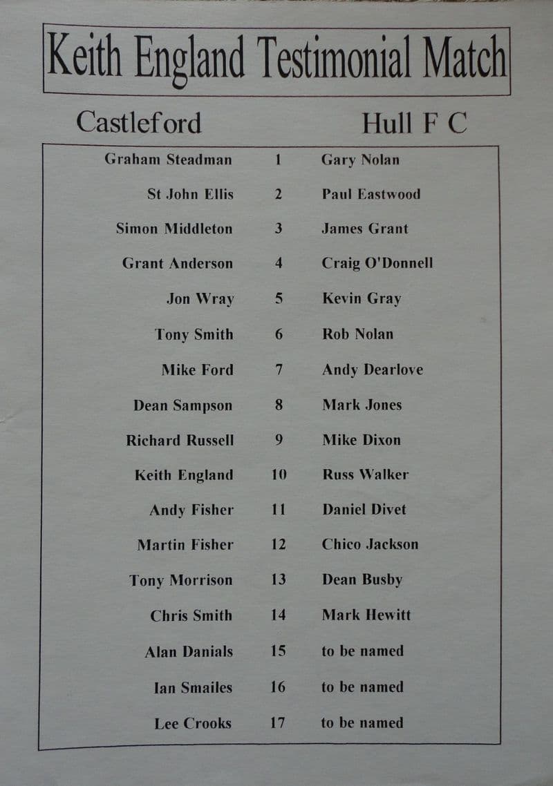 Keith England Testimonial - Team Sheet