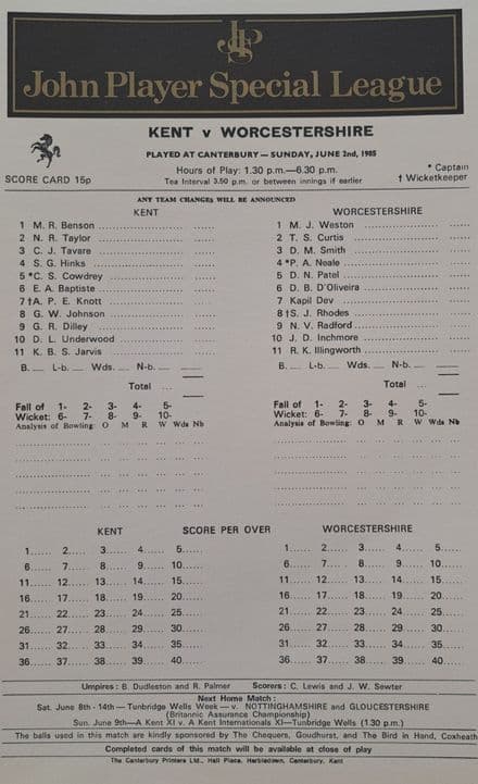 Kent v Worcestershire Scorecard (1985, Jun 2nd)