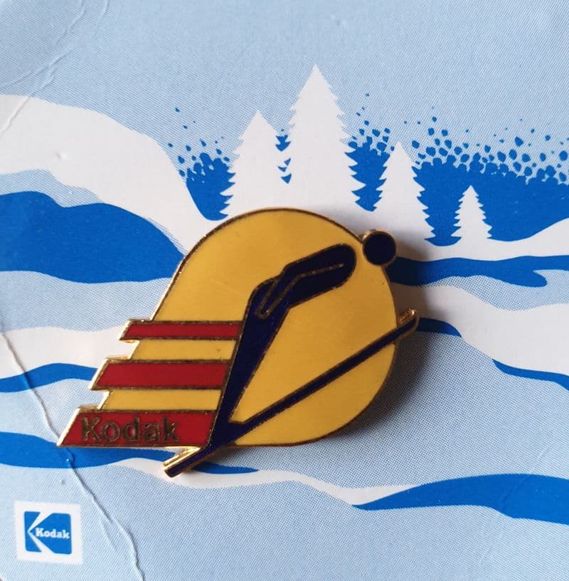 Kodak 1984 Winter Olympics Ski Jumping Badge (on Card)