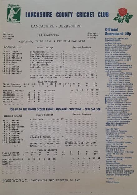 Lancashire v Derbyshire Scorecard (1992, May 20th-22nd)