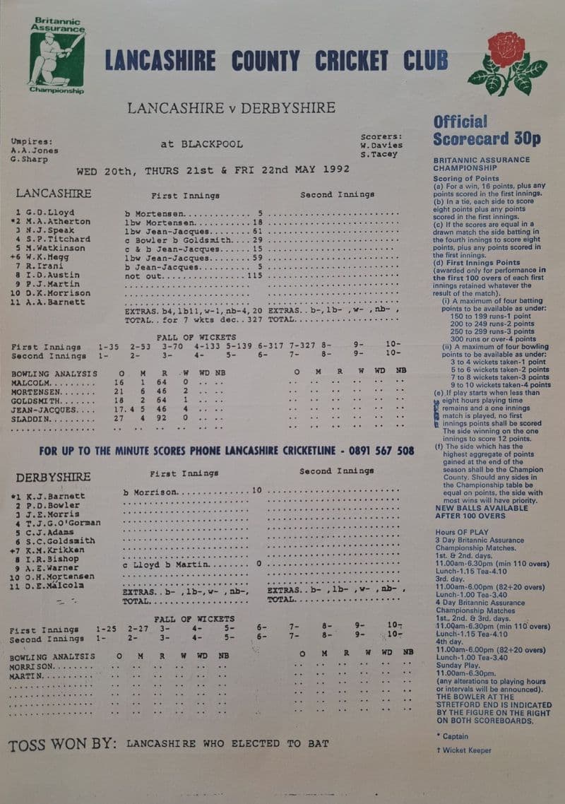 Lancashire v Derbyshire Scorecard (1992, May 20th-22nd)