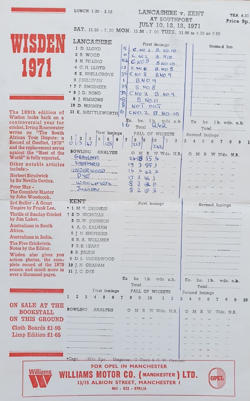 Lancashire v Kent Scorecard (1971, Jul 10th, 12th & 13th)