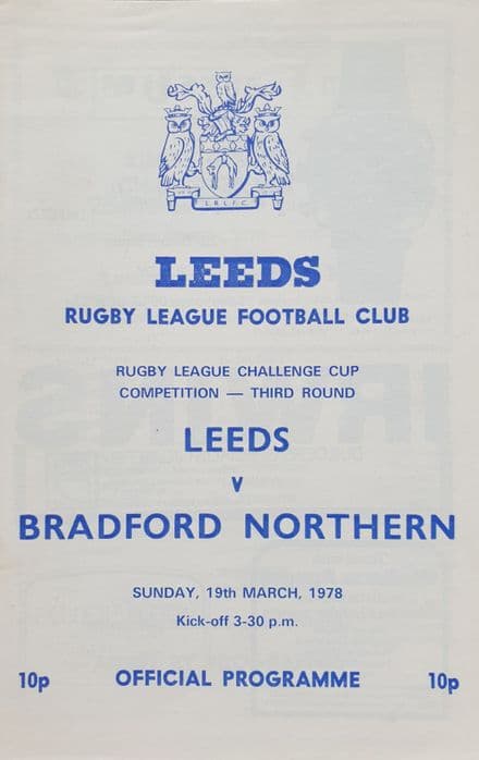Leeds v Bradford Northern (1978, Mar 19th) plus Team Sheet