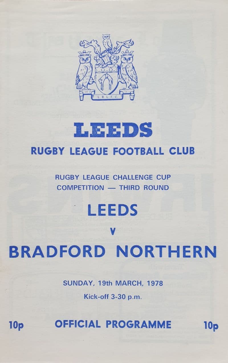Leeds v Bradford Northern (1978, Mar 19th) plus Team Sheet