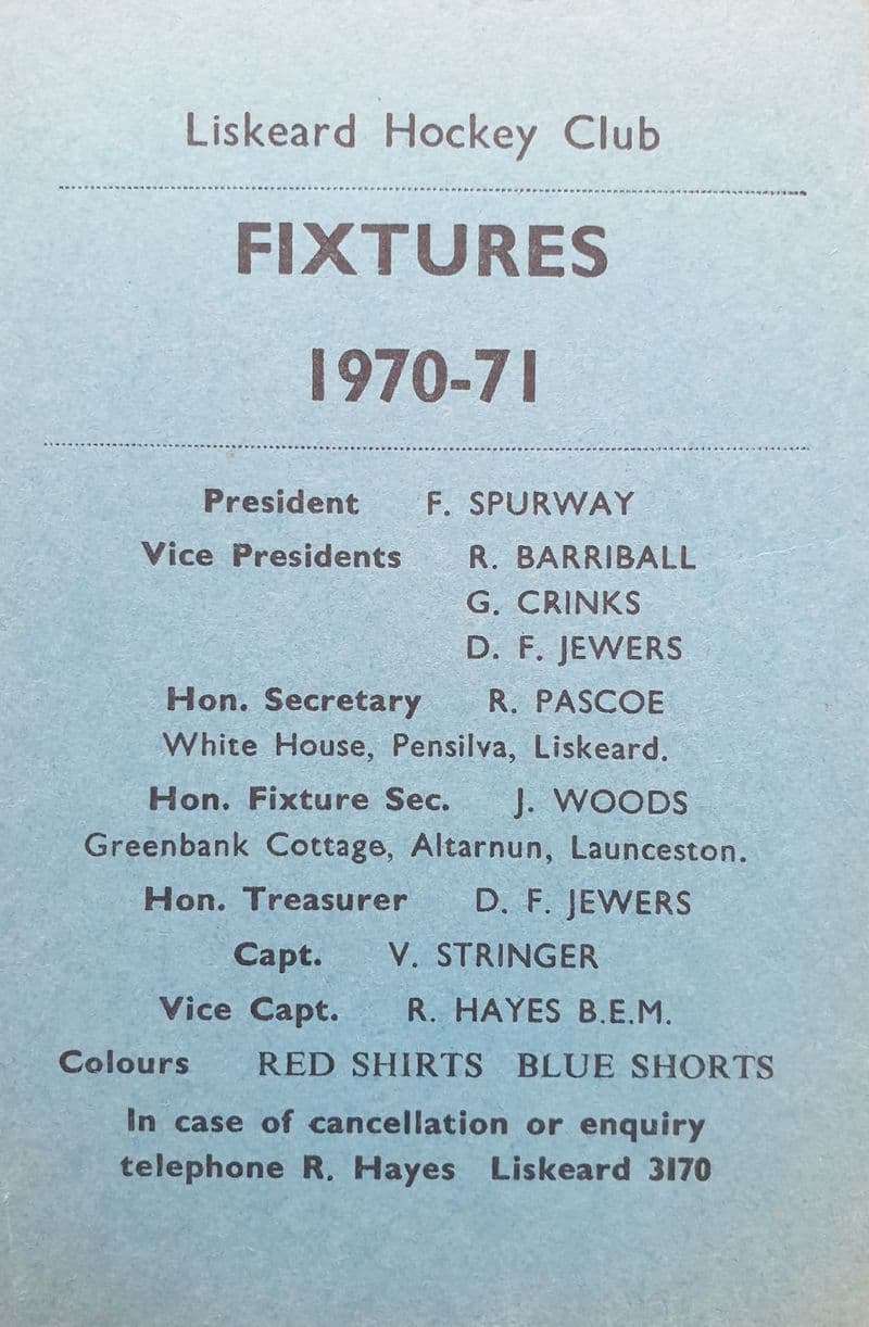 Liskeard Hockey Club Fixtures (1970-71)
