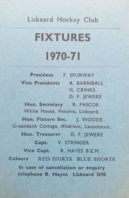 Liskeard Hockey Club Fixtures (1970-71)