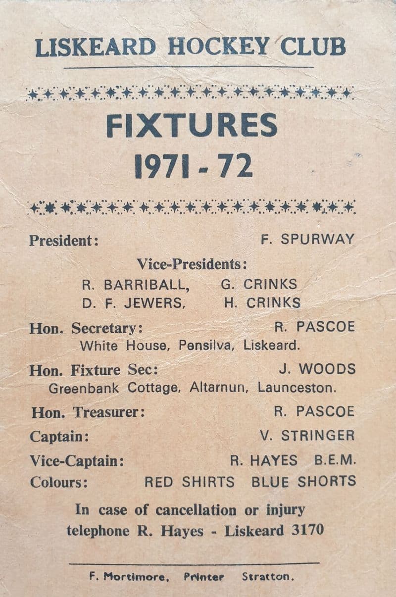 Liskeard Hockey Club Fixtures (1971-72)
