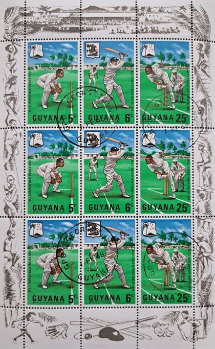 MCC West Indies Tour (1968) Guyana Commemorative Stamp Sheet - Postmarked