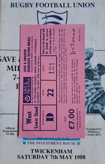 Middlesex Sevens (1988, May 7th) plus Ticket