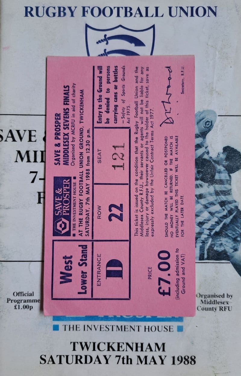 Middlesex Sevens (1988, May 7th) plus Ticket