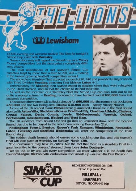 Millwall v Barnsley, Simod Cup (1988, Nov 9th)
