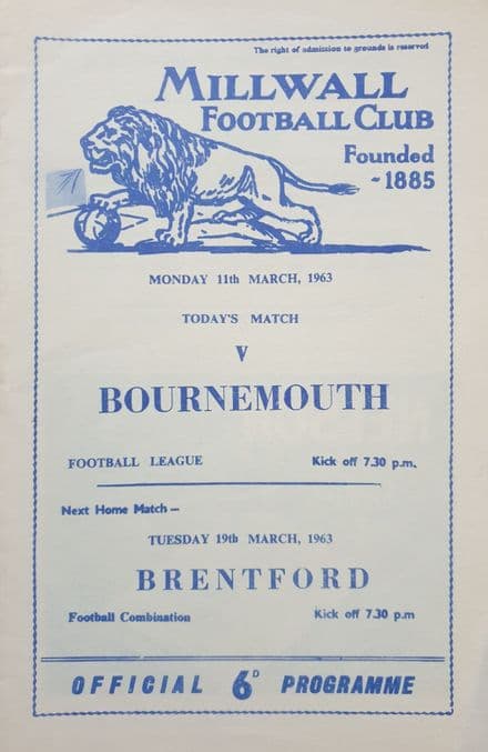 Millwall v Bournemouth, Div 3 (1963, Mar 11th)