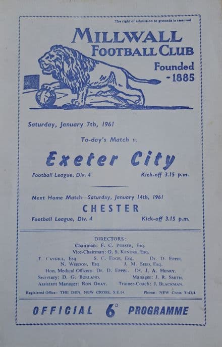 Millwall v Exeter City, Div 4 (1961, Jan 7th)
