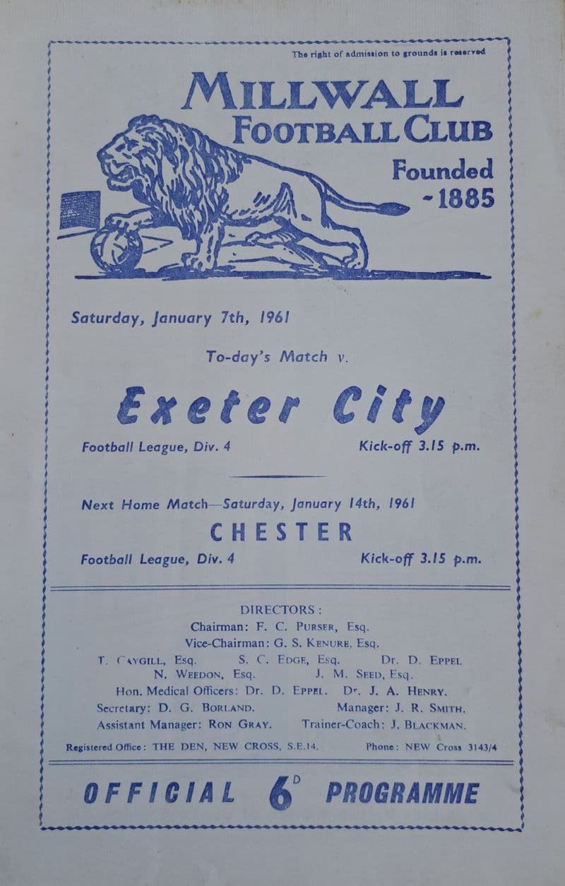 Millwall v Exeter City, Div 4 (1961, Jan 7th)