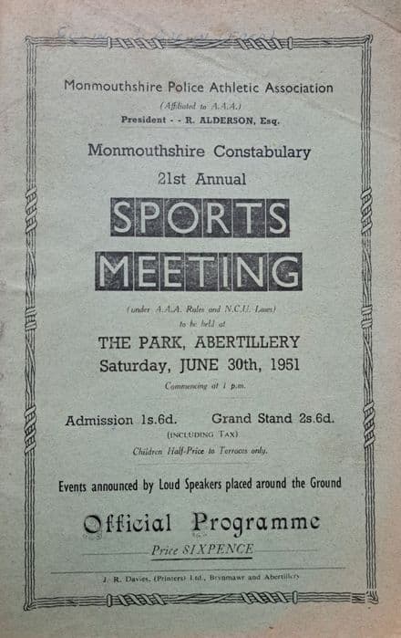 Monmouthshire Constabulary 21st Annual Sports Meeting (1951, Jun 30th)