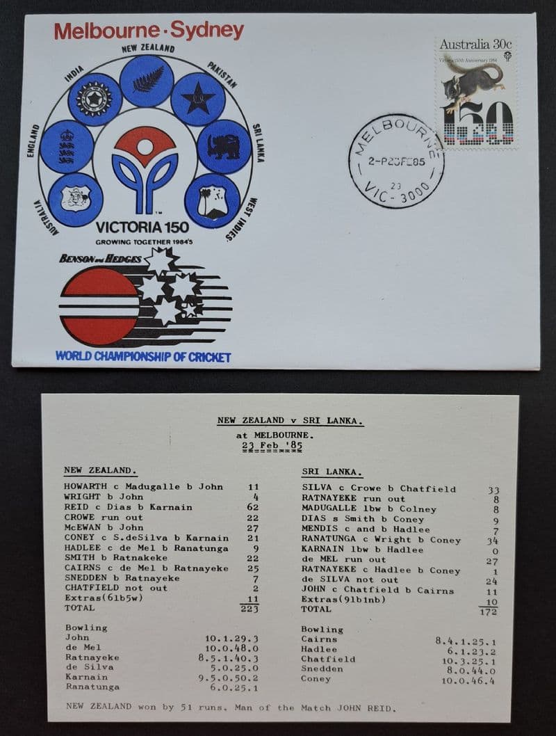 New Zealand v Sri Lanka - WCC (1985, Feb 23rd) FDC and Scorecard